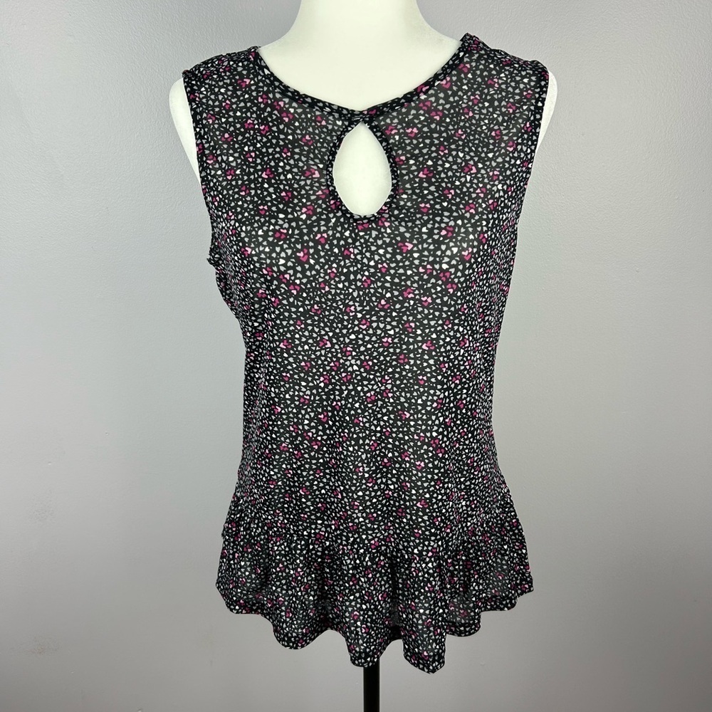 Reitmans Black Grey Pink Hearts Ruffle Hem Sleeveless Top Medium